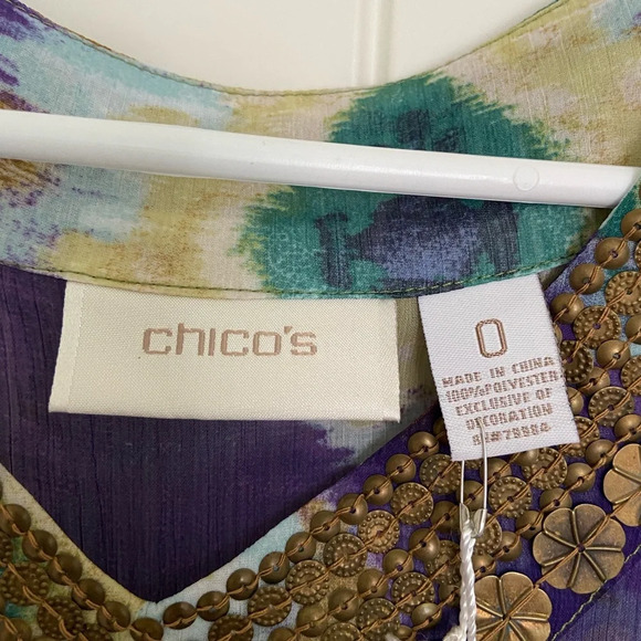 NWT | Chico’s Women’s sheer colorful patterned blouse decorated neckline — small - Picture 4 of 7